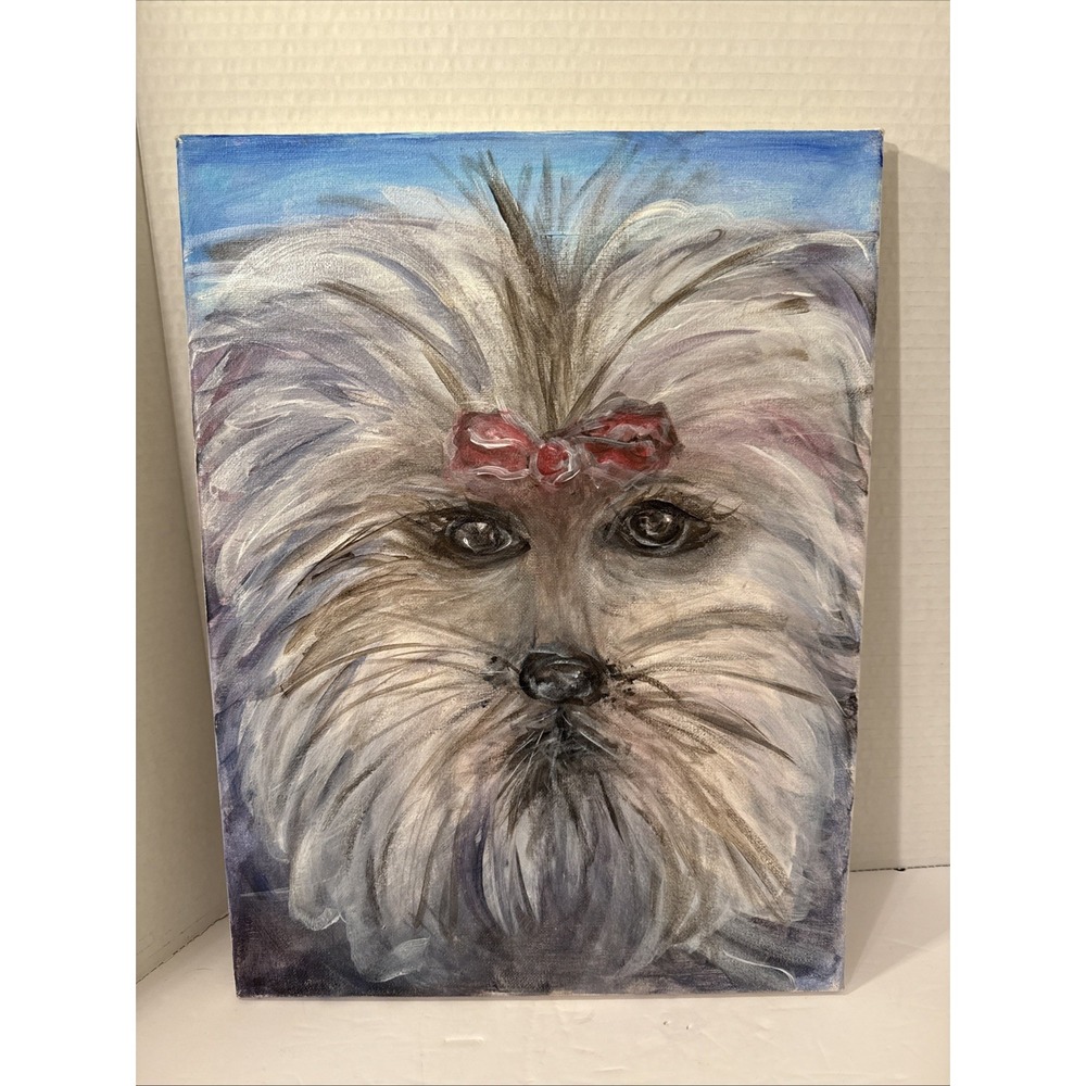 One Of A Kind-Original Yorkie Terrier Dog  Painting-ART-Colorful-Pink Bow-Canvas